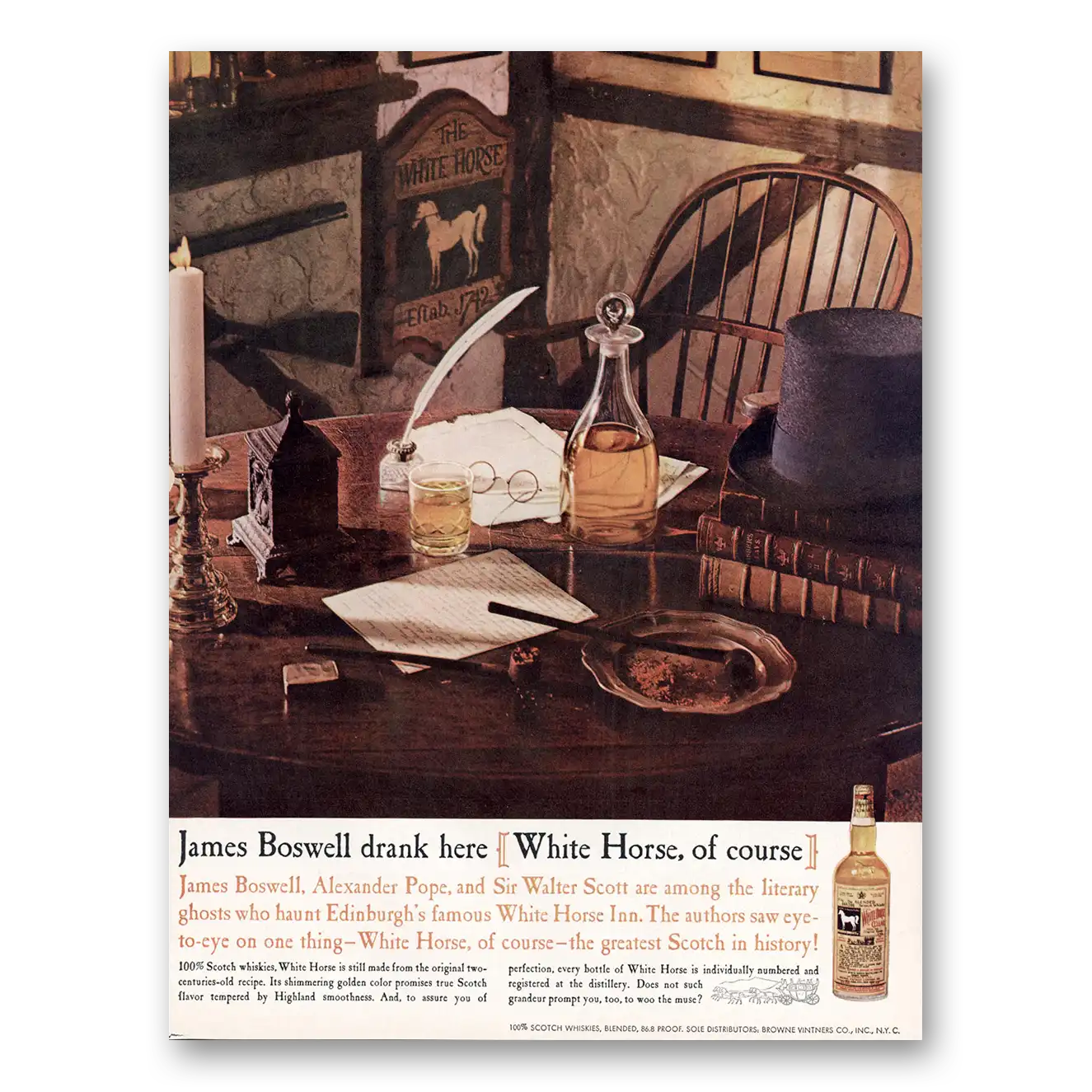 1960 White Horse Scotch Whisky James Boswell Drank Here Vintage Magazine Print Ad