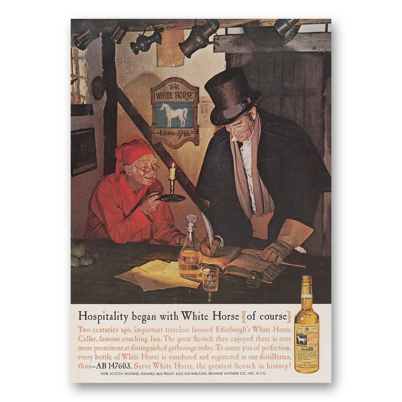 1960 White Horse Scotch Whisky Hospitality Begins with White Horse Vintage Magazine Print Ad