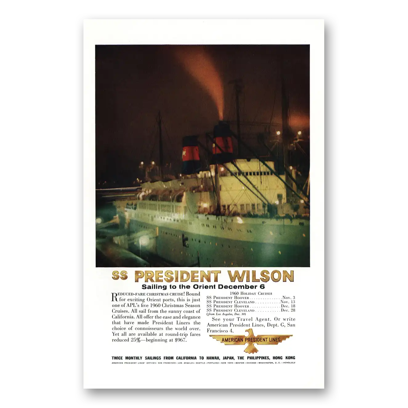 1960 American President Lines SS President Wilson Vintage Magazine Print Ad