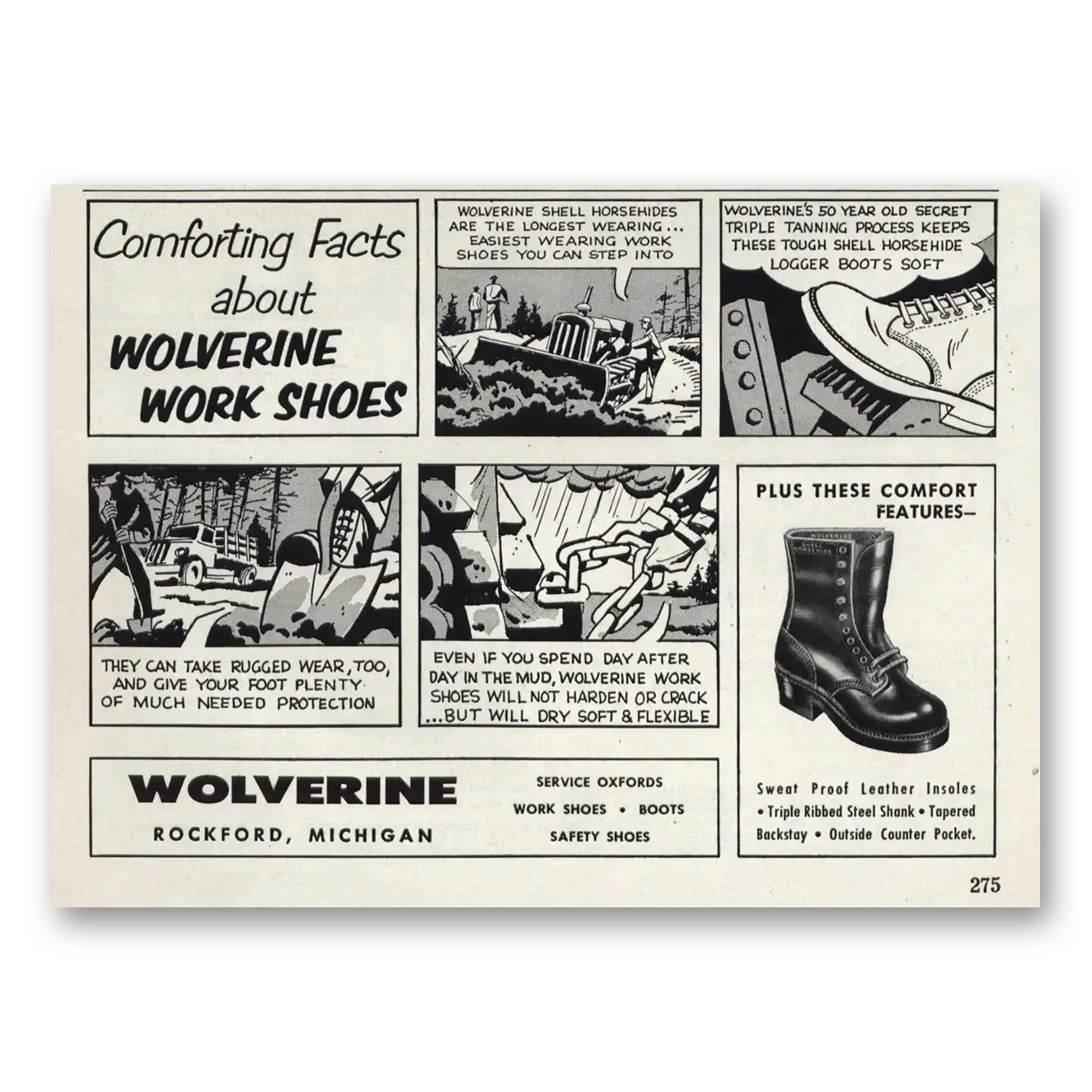 1960 Wolverine Work Shoes Comforting Facts Vintage Magazine Print Ad