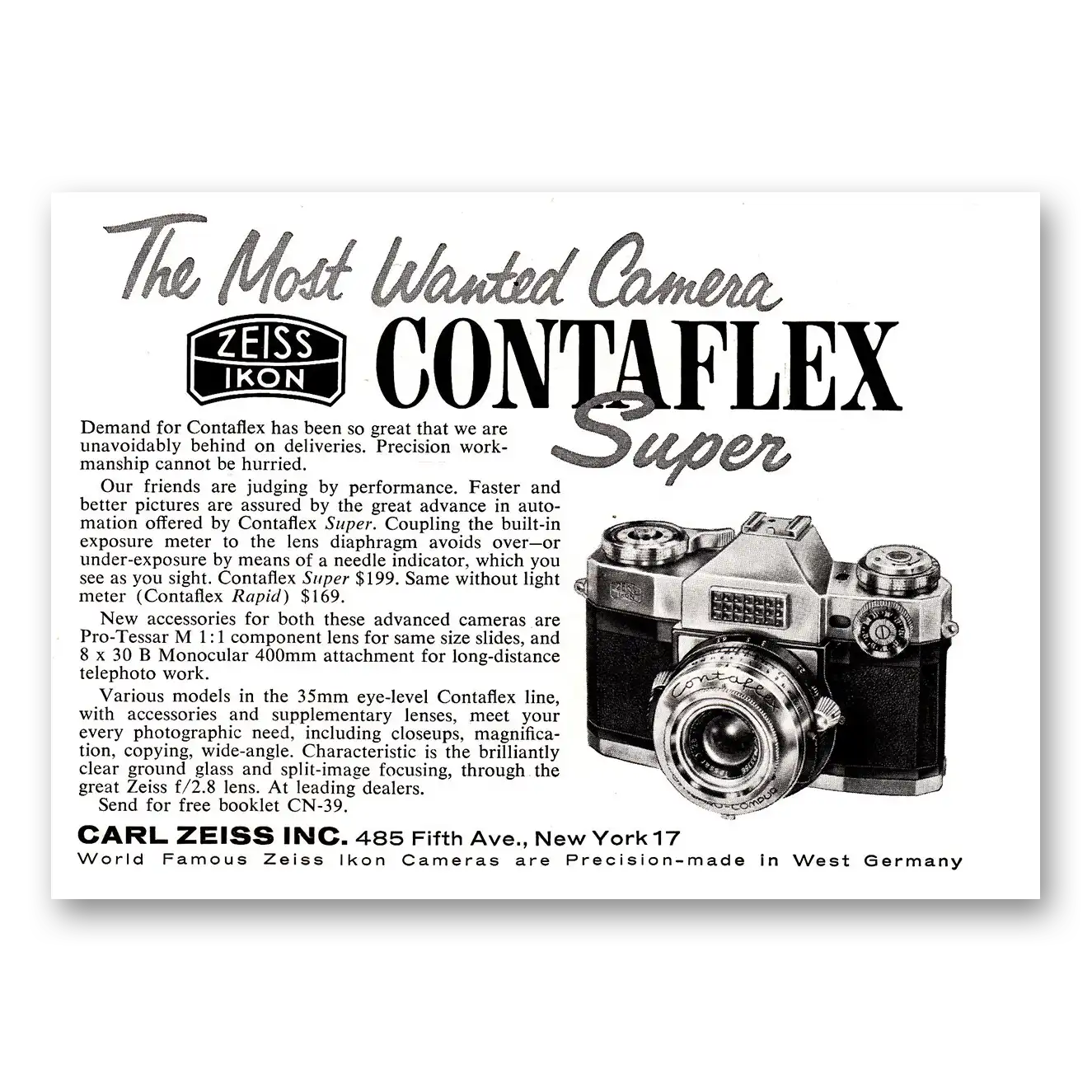 1960 Zeiss Ikon Contaflex Camera Most Wanted Vintage Magazine Print Ad