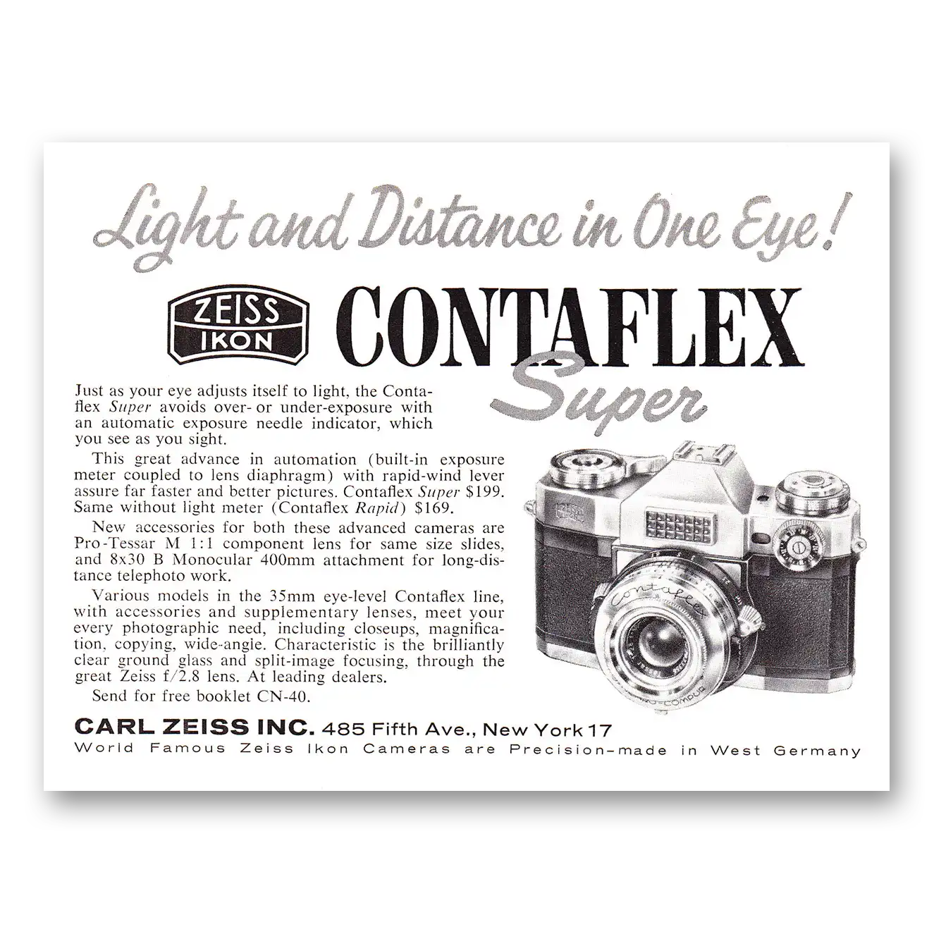 1960 Zeiss Ikon Contaflex Camera Light and Distance in One Eye Vintage Magazine Print Ad