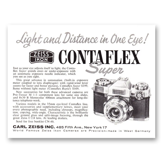 1960 Zeiss Ikon Contaflex Camera Light and Distance in One Eye Vintage Magazine Print Ad