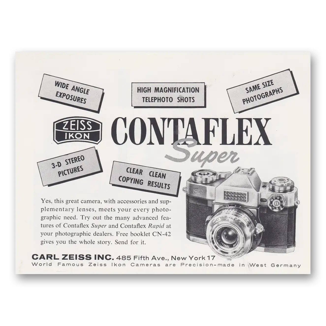 1960 Zeiss Ikon Contaflex Camera Super Wide Angle Exposures Vintage Magazine Print Ad