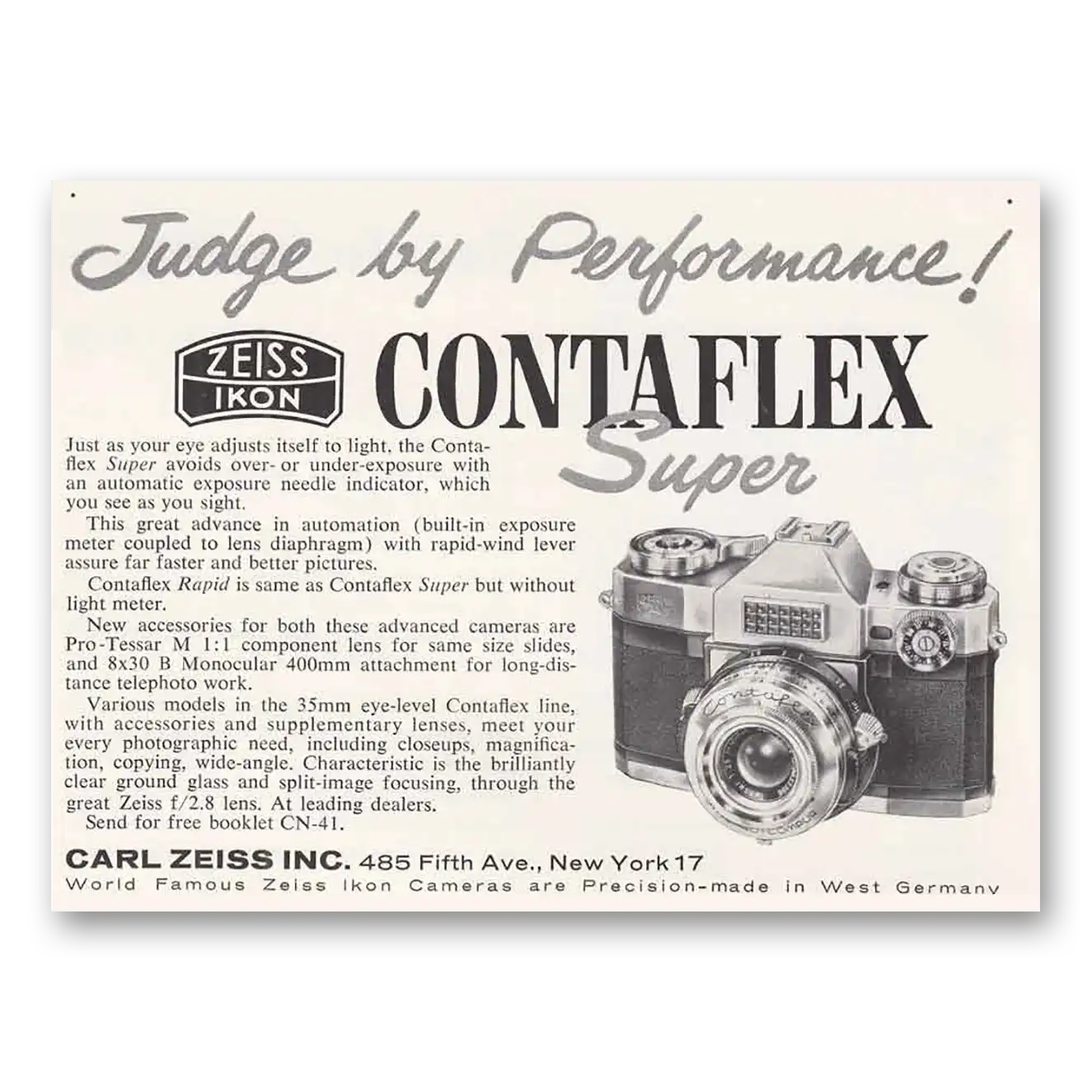 1960 Zeiss Ikon Contaflex Camera Judge by Performance Vintage Magazine Print Ad