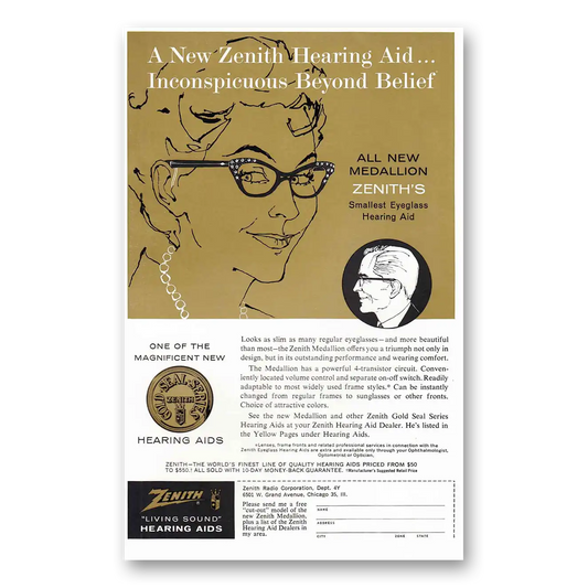 1960 Zenith Hearing Aid Eyeglass Hearing Aid Vintage Magazine Print Ad