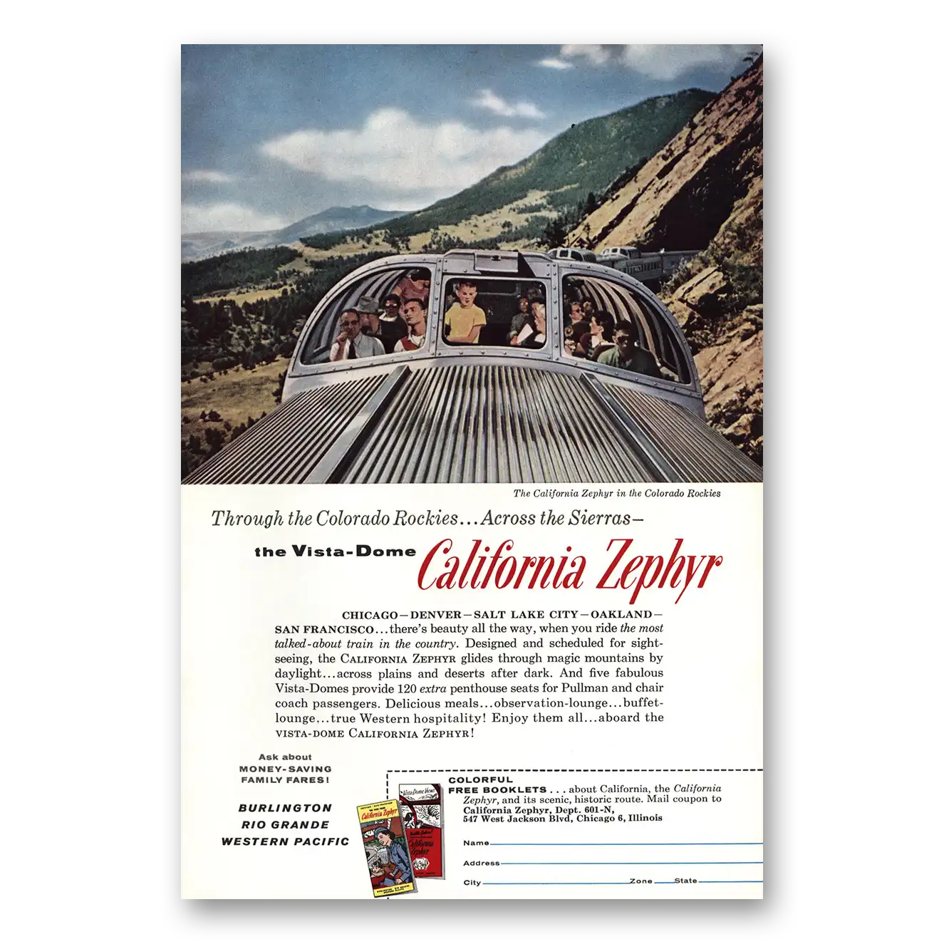 1960 California Zephyr Through the Colorado Rockies Across the Sierras Vintage Magazine Print Ad