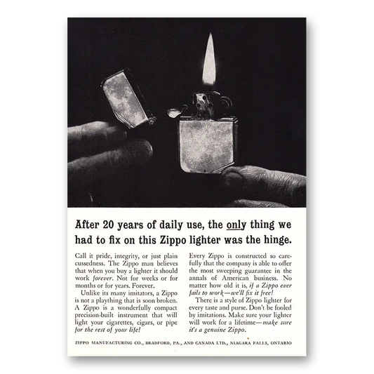 1960 Zippo Lighter Fix On Zippo Was the Hinge Vintage Magazine Print Ad