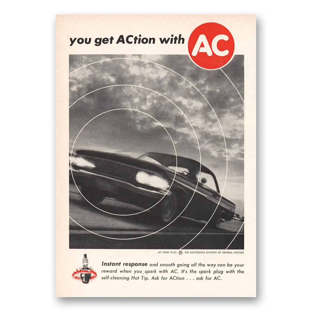 1961 AC Spark Plugs You Get Action With AC Vintage Magazine Print Ad