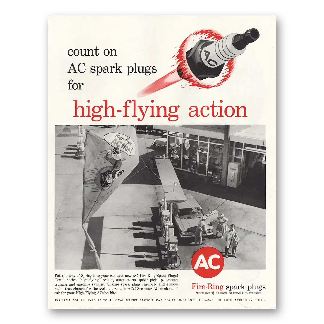 1961 AC Spark Plugs High Flying Action Vintage Magazine Print Ad