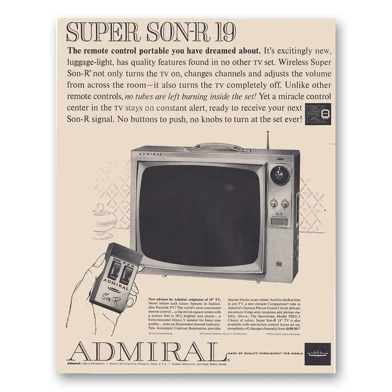 1961 Admiral Television Remote Control Portable Vintage Magazine Print Ad