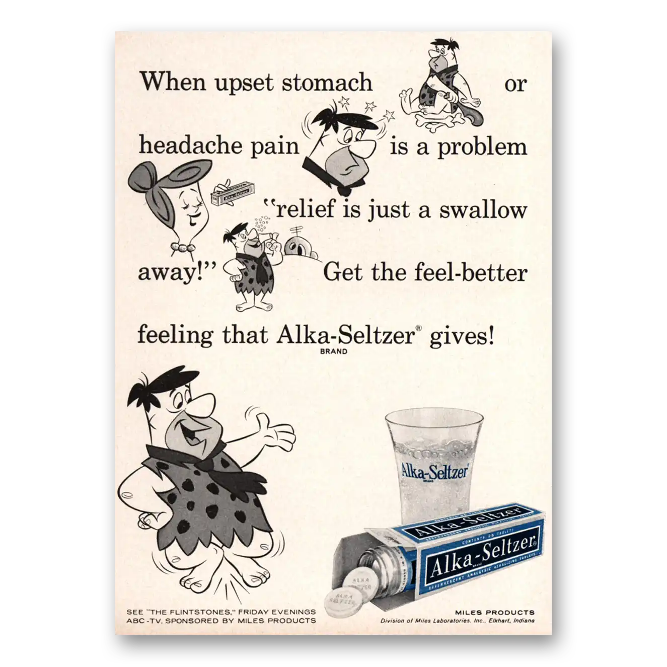 1961 Alka Seltzer When Upset Stomach or Headache Flintstones Vintage Magazine Print Ad