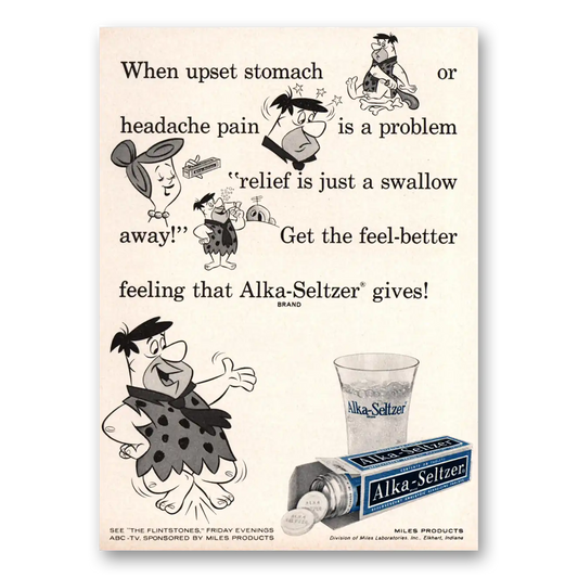 1961 Alka Seltzer When Upset Stomach or Headache Flintstones Vintage Magazine Print Ad