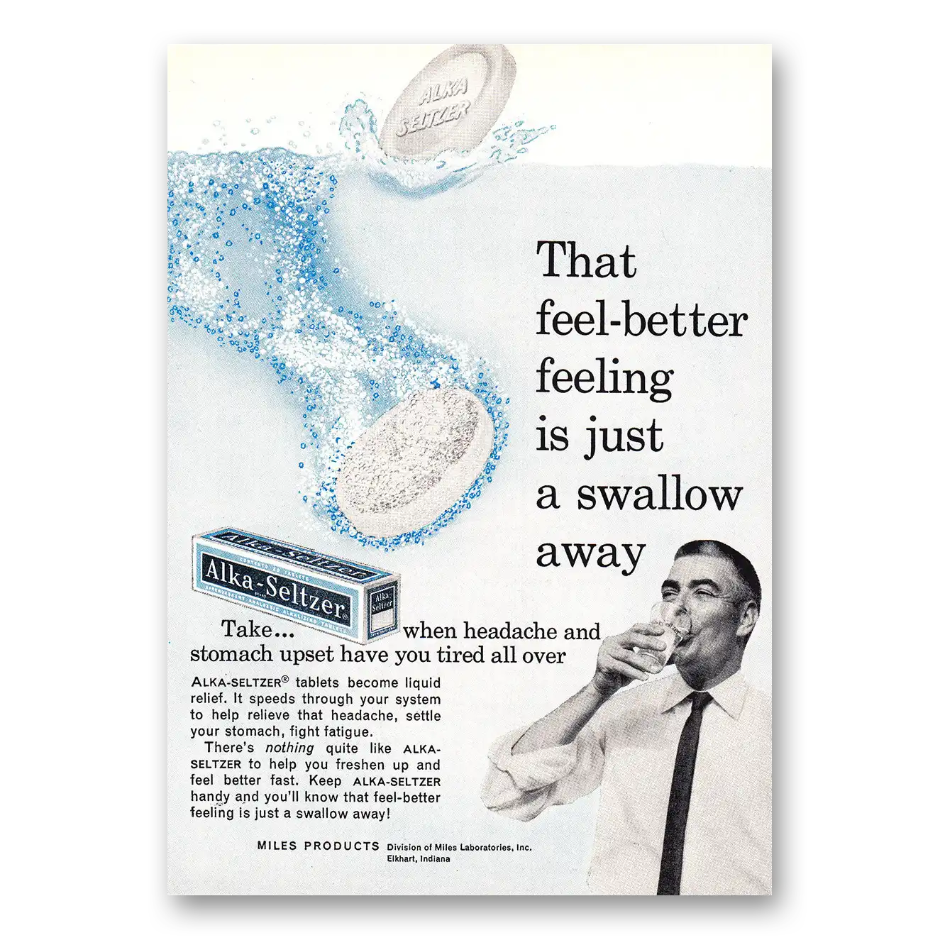 1961 Alka Seltzer Feel Better Feeling Is Just a Swallow Away Vintage Magazine Print Ad