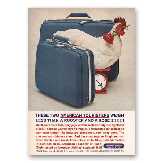 1961 American Tourister Luggage Rooster and a Rose Vintage Magazine Print Ad