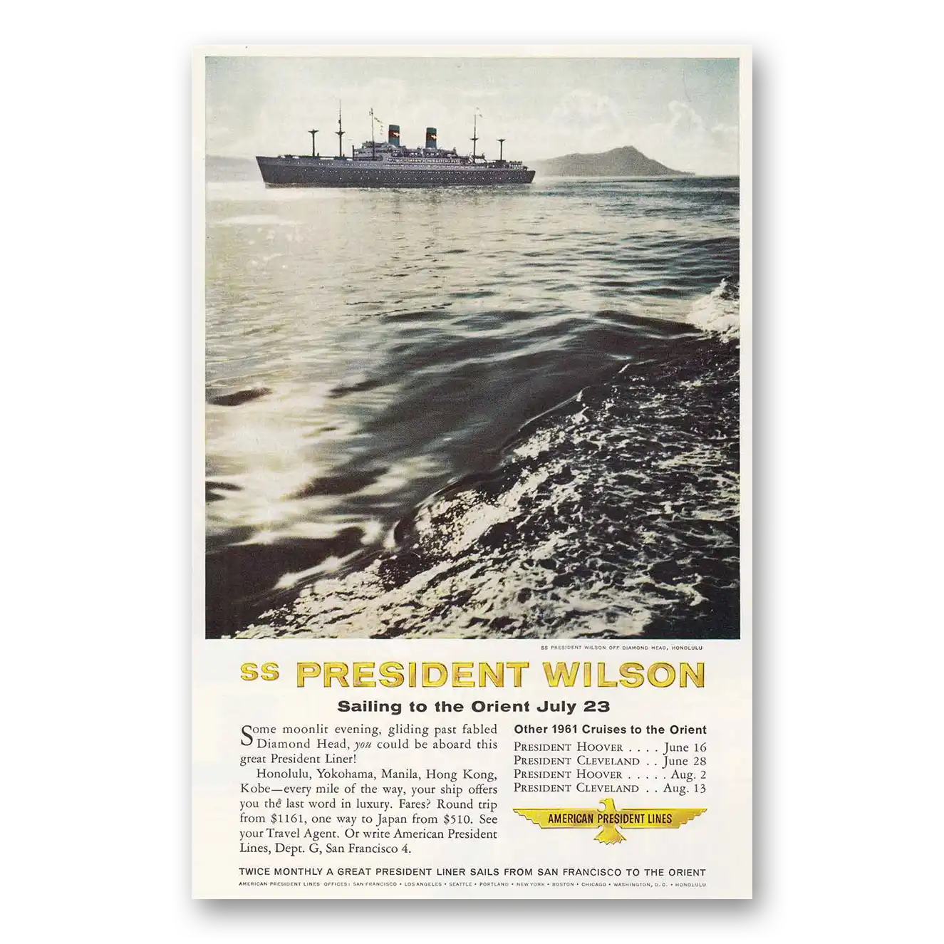 1961 American President Lines SS President Wilson Vintage Magazine Print Ad