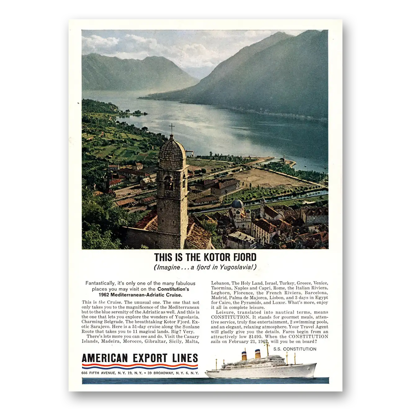 1961 American Export Lines This Is the Kotor Fjord Vintage Magazine Print Ad