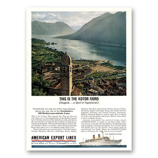 1961 American Export Lines This Is the Kotor Fjord Vintage Magazine Print Ad