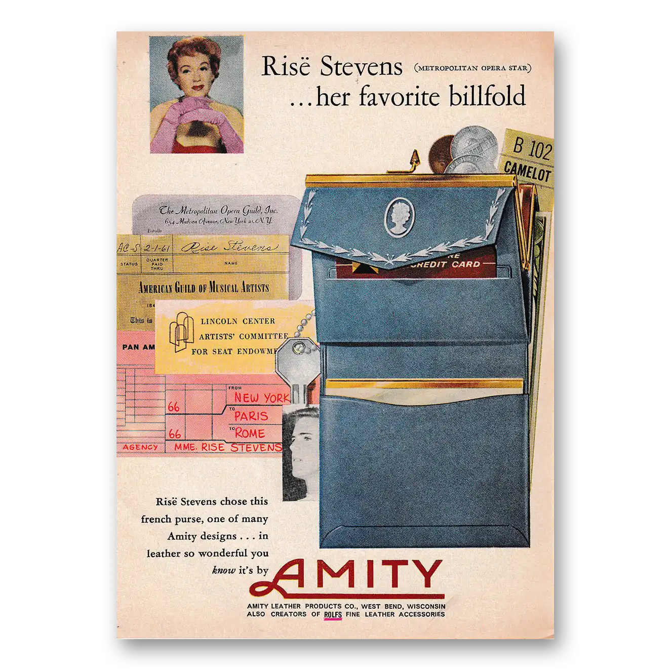 1961 Amity Leather Billfold Billfold Rise Stevens Vintage Magazine Print Ad