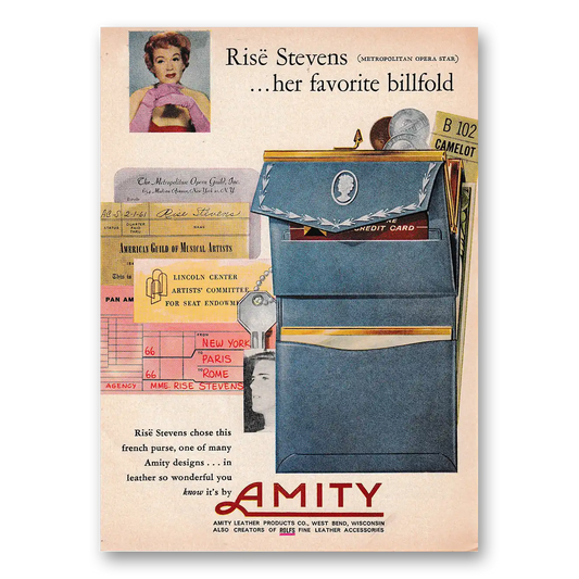 1961 Amity Leather Billfold Billfold Rise Stevens Vintage Magazine Print Ad