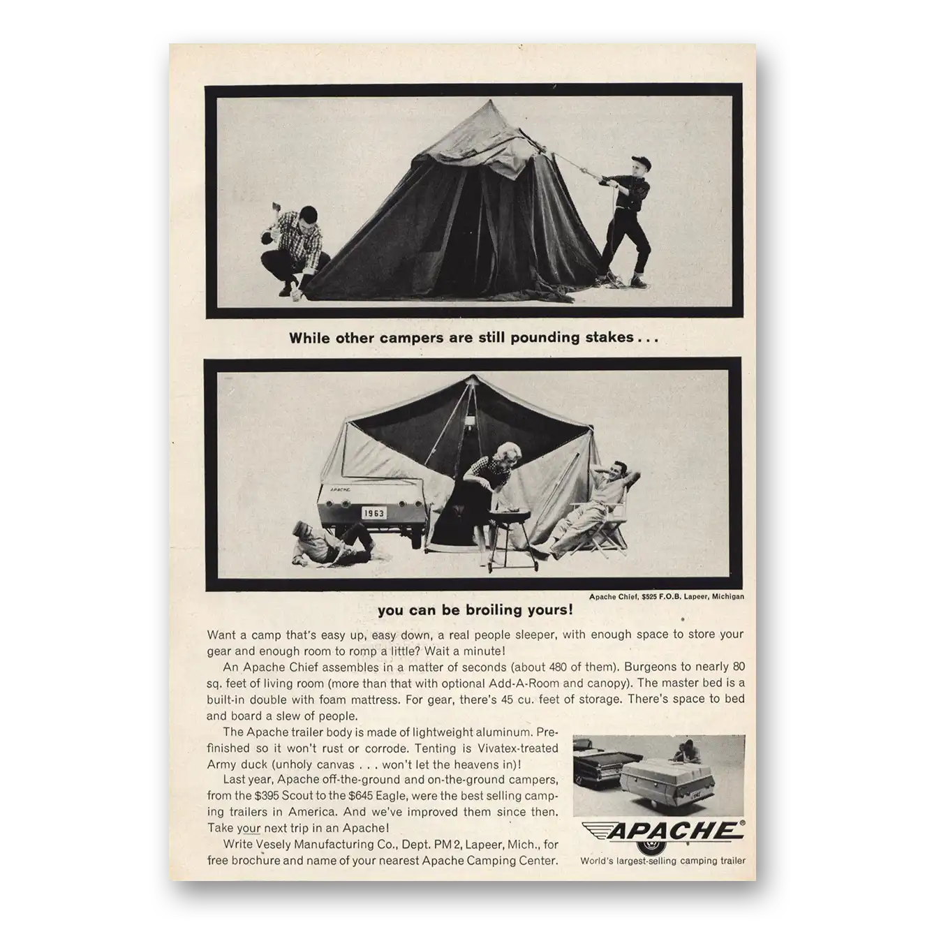 1963 Apache Camping Trailer Other Campers Pounding Stakes Vintage Magazine Print Ad