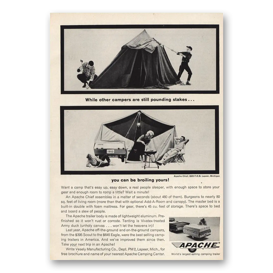 1963 Apache Camping Trailer Other Campers Pounding Stakes Vintage Magazine Print Ad