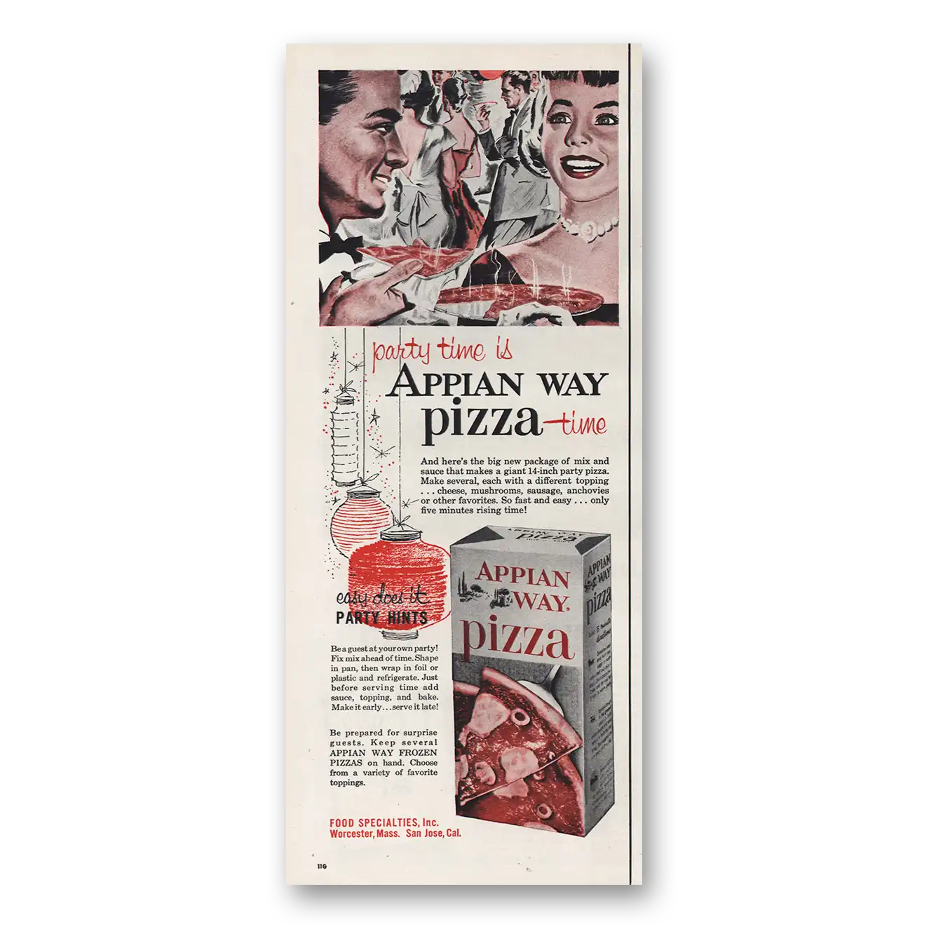 1961 Food Specialties Appian Way Pizza Party Time Vintage Magazine Print Ad