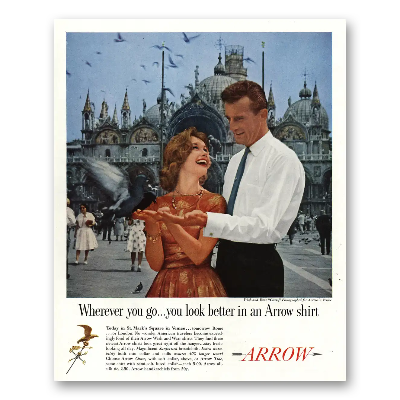 1960 Arrow Shirts St Marks Square Venice Vintage Magazine Print Ad