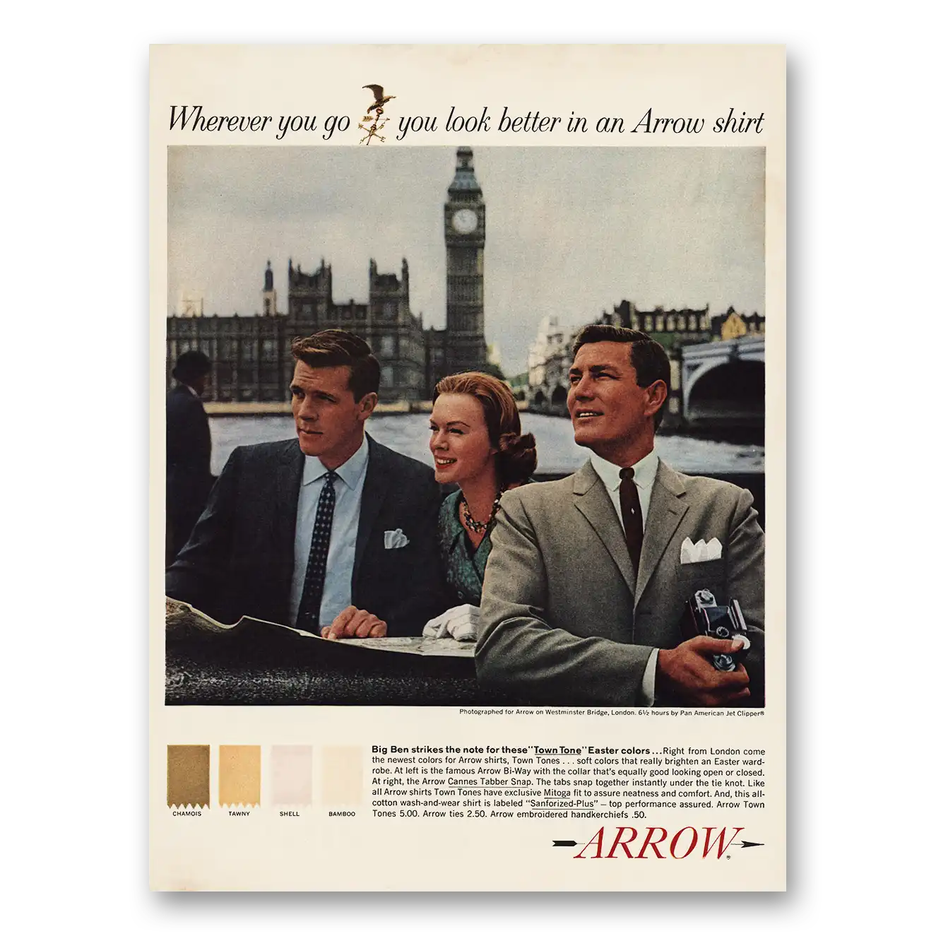 1961 Arrow Shirts Big Ben Strikes the Note Westminster Bridge Vintage Magazine Print Ad