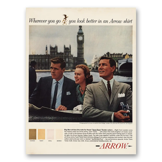 1961 Arrow Shirts Big Ben Strikes the Note Westminster Bridge Vintage Magazine Print Ad