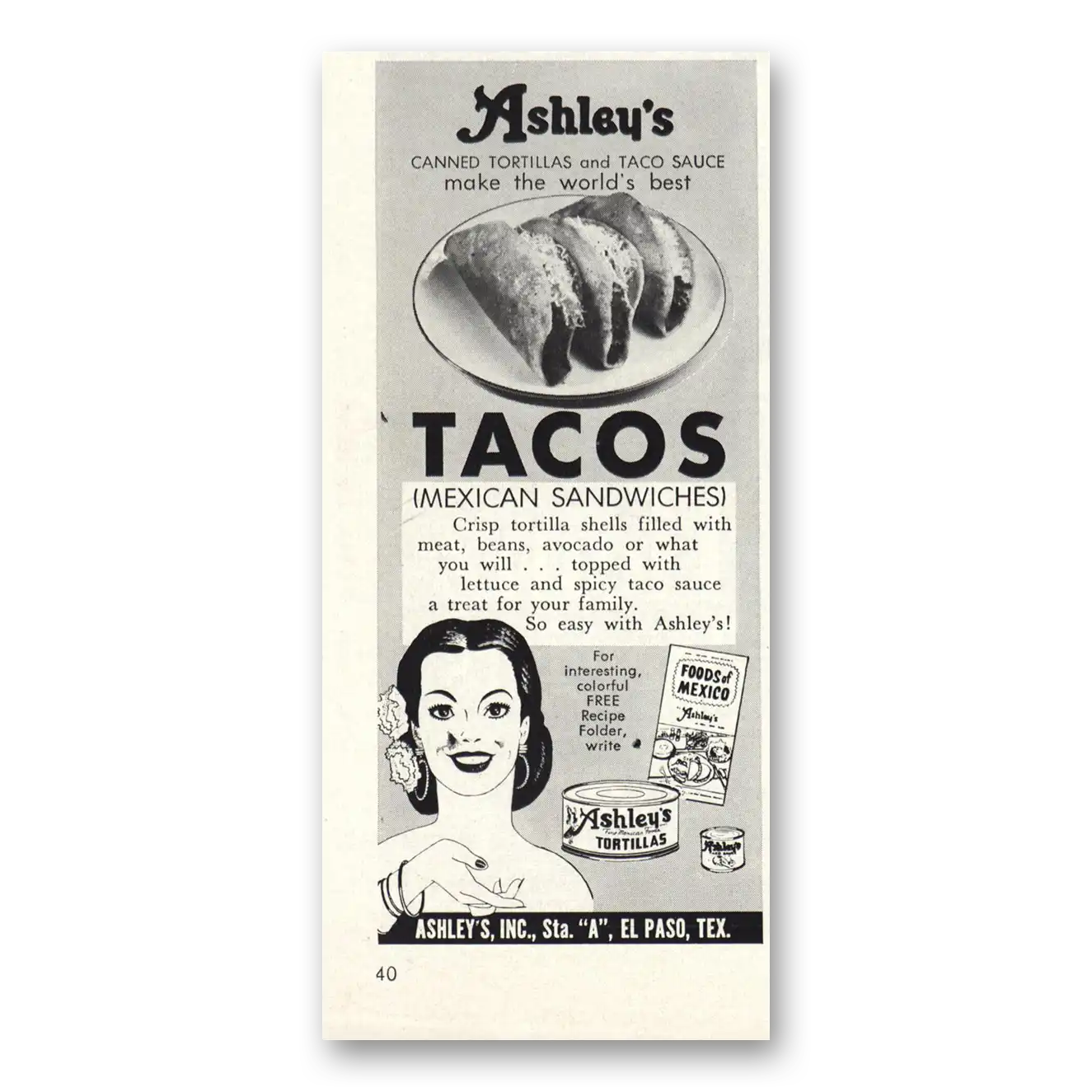 1961 Ashleys Tortillas Tacos Vintage Magazine Print Ad