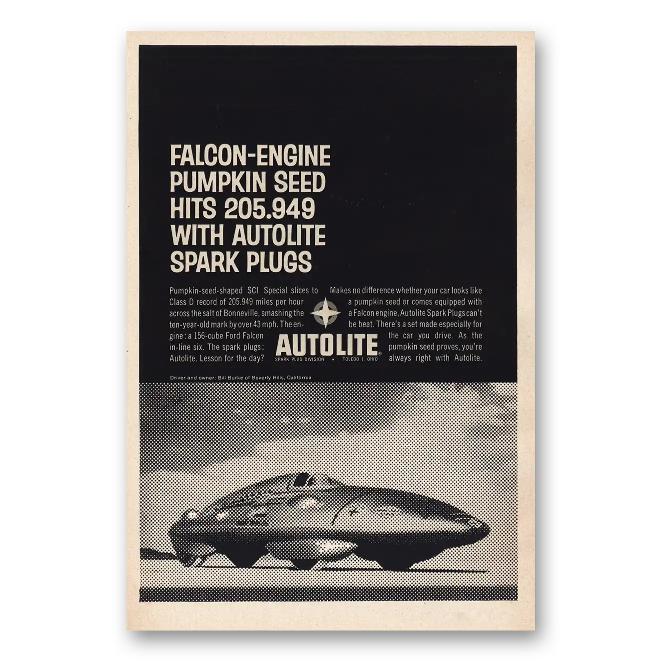 1961 Autolite Spark Plugs Falcon Engine Pumpkin Seed Vintage Magazine Print Ad