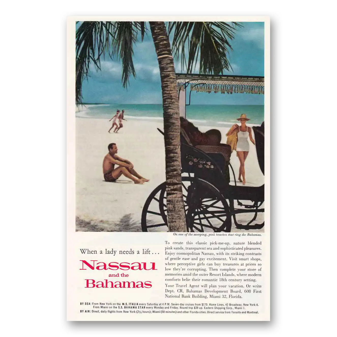 1961 Nassau Bahamas Pink Beaches Palm Tree Vintage Magazine Print Ad