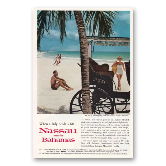 1961 Nassau Bahamas Pink Beaches Palm Tree Vintage Magazine Print Ad