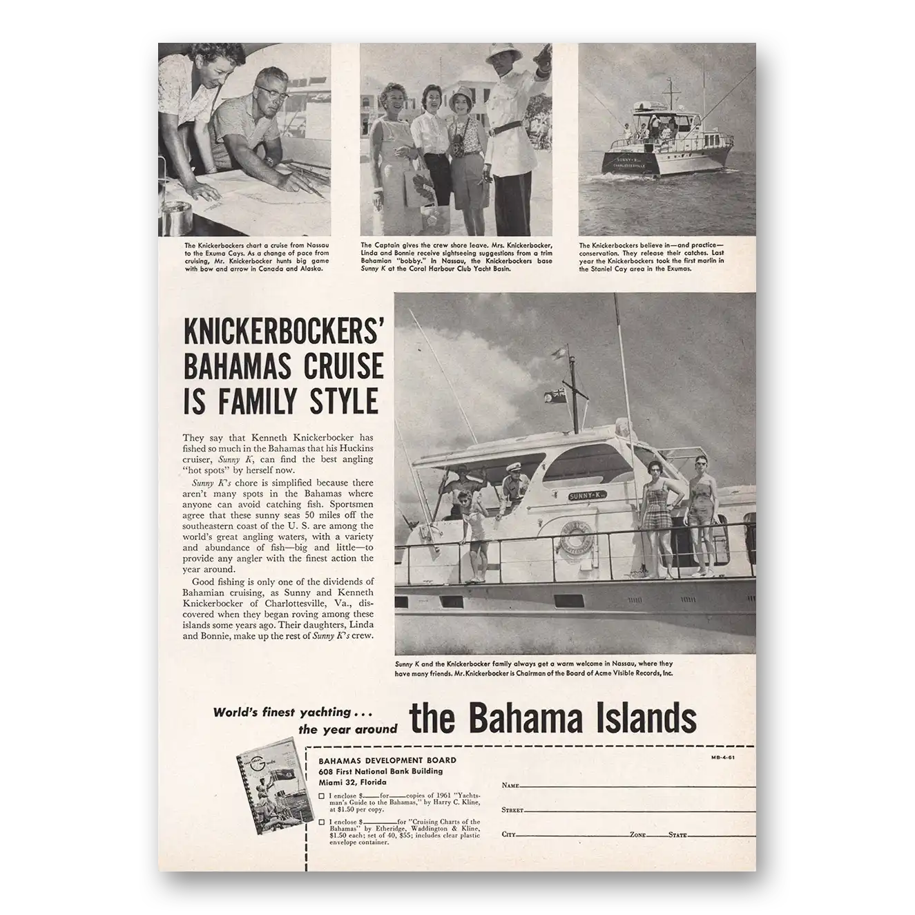 1961 Bahamas Knickerbockers Bahamas Cruise Vintage Magazine Print Ad