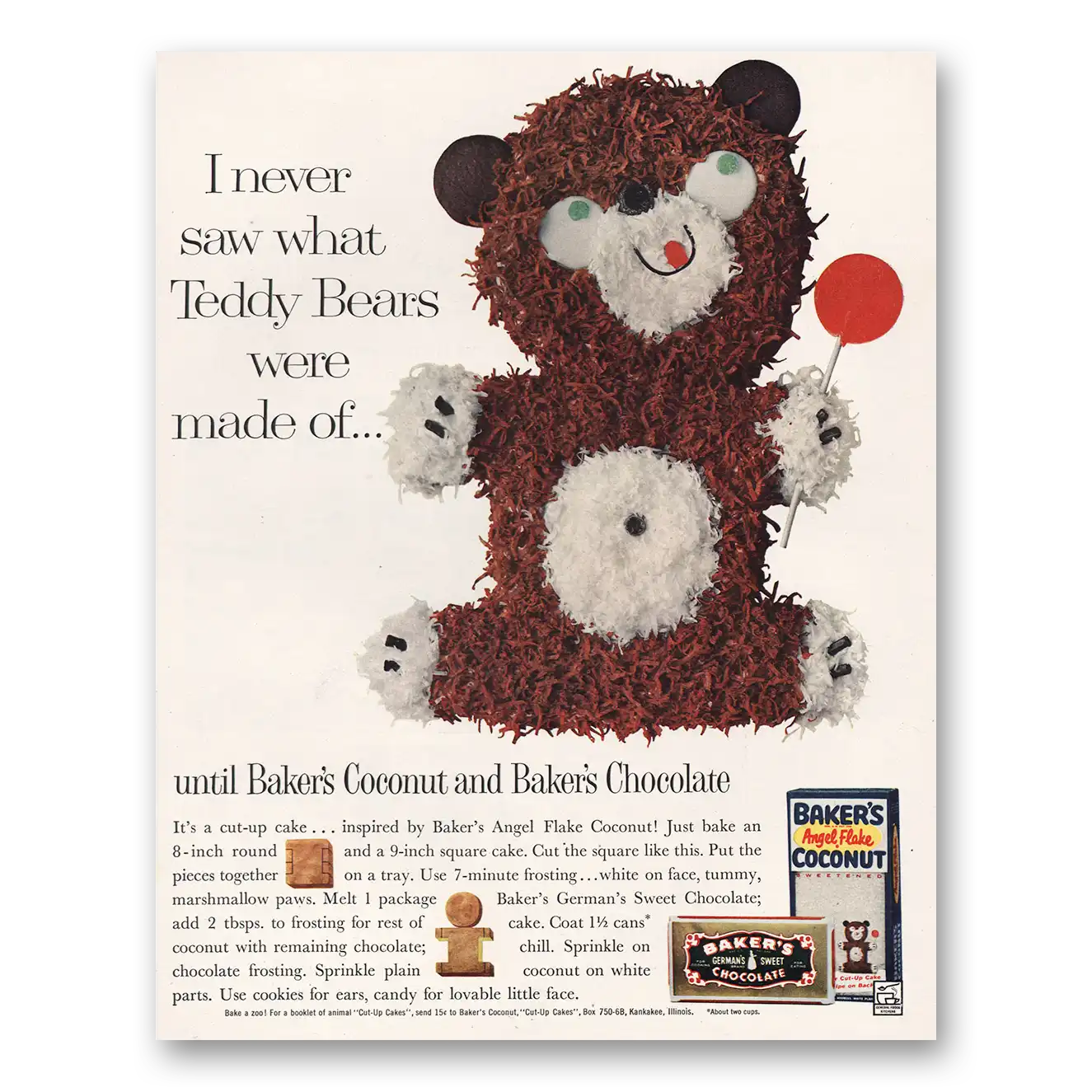 1961 Bakers Chocolate Teddy Bears Vintage Magazine Print Ad