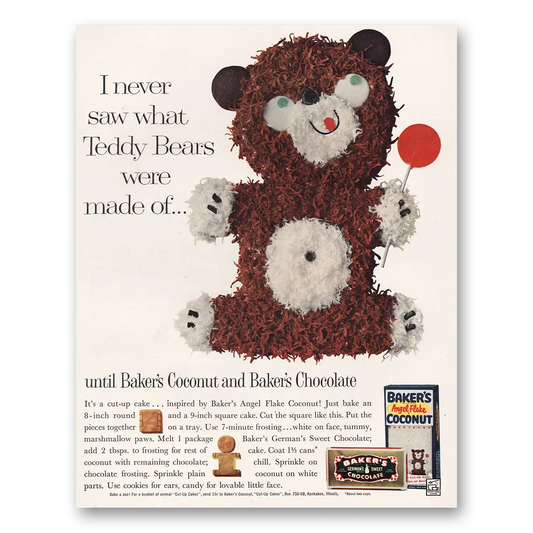 1961 Bakers Chocolate Teddy Bears Vintage Magazine Print Ad