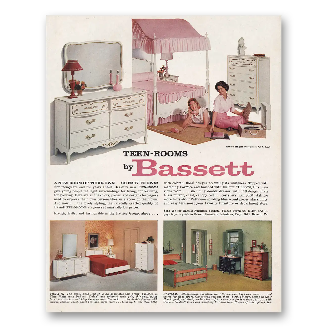 1961 Bassett Furniture Teen Rooms Vintage Magazine Print Ad