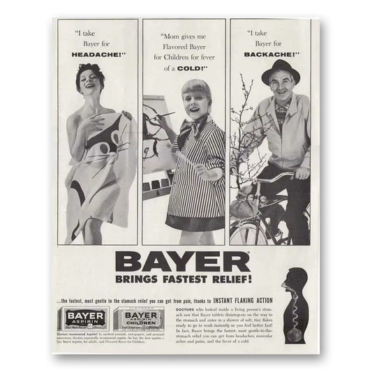 1961 Bayer Aspirin Headache Cold Backache Vintage Magazine Print Ad