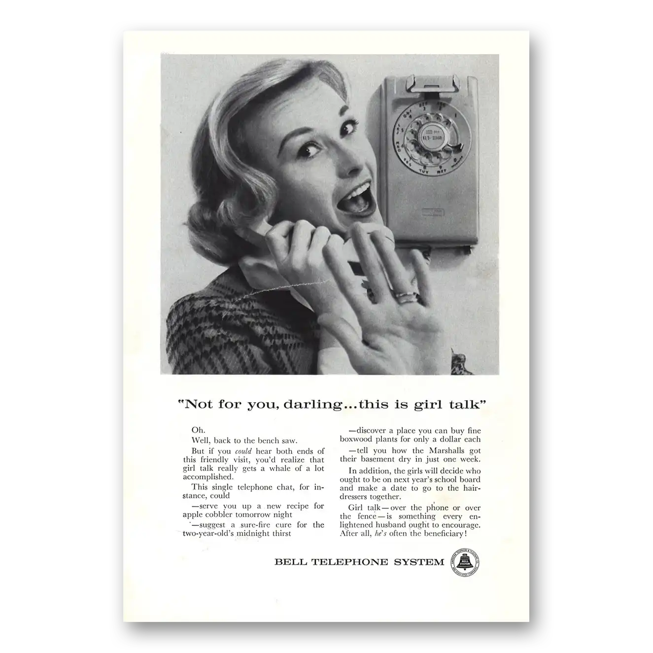 1961 Bell Telephone Not For You Darling Girl Talk Vintage Magazine Print Ad