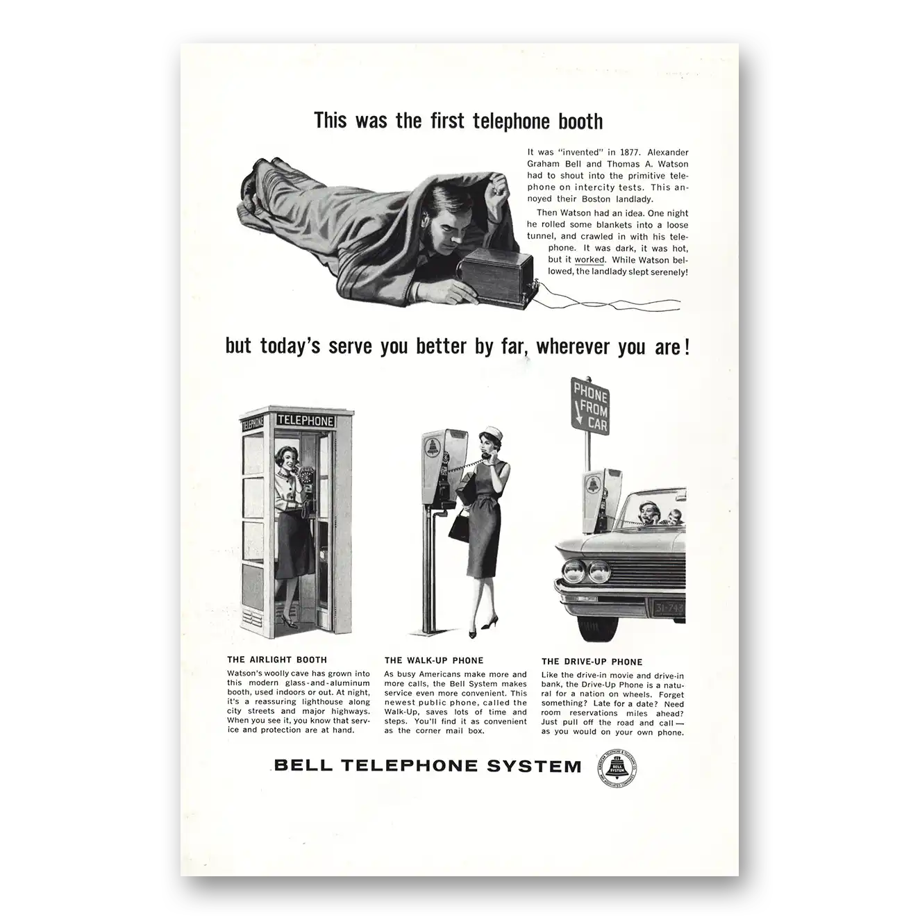 1961 Bell Telephone First Telephone Booth Vintage Magazine Print Ad