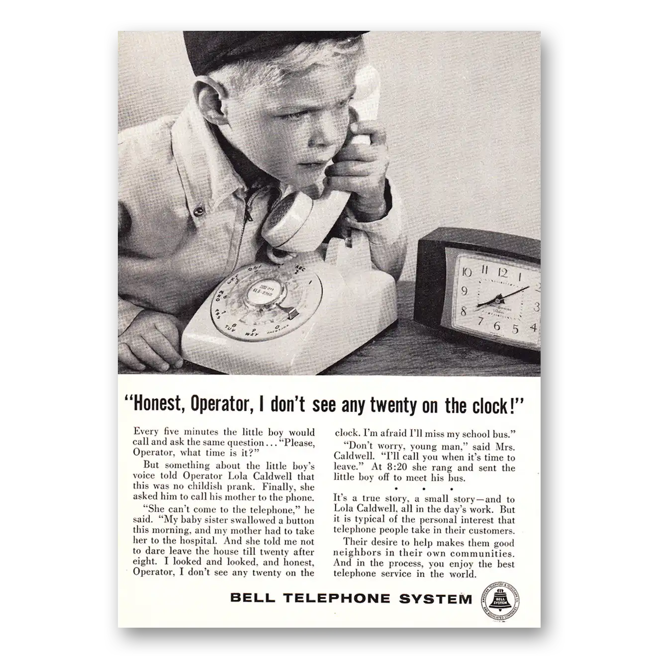 1961 Bell Telephone Honest Operator I Don't See Any Twenty on the Clock Vintage Magazine Print Ad