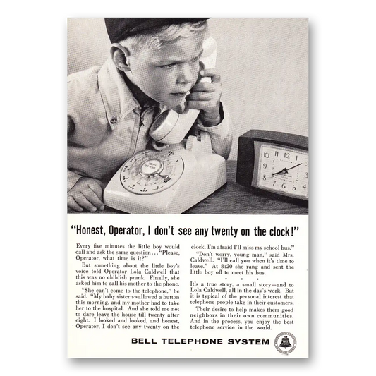 1961 Bell Telephone Honest Operator I Don't See Any Twenty on the Clock Vintage Magazine Print Ad