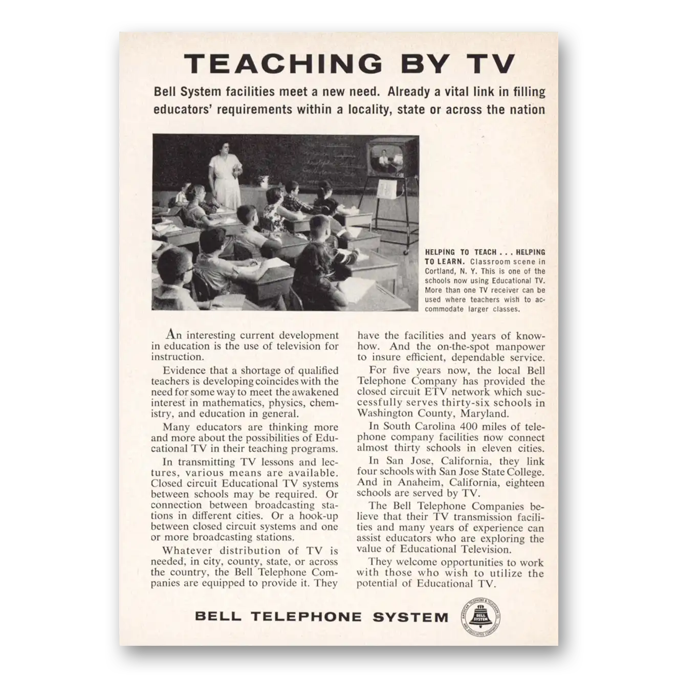 1961 Bell Telephone Teaching by TV Vintage Magazine Print Ad