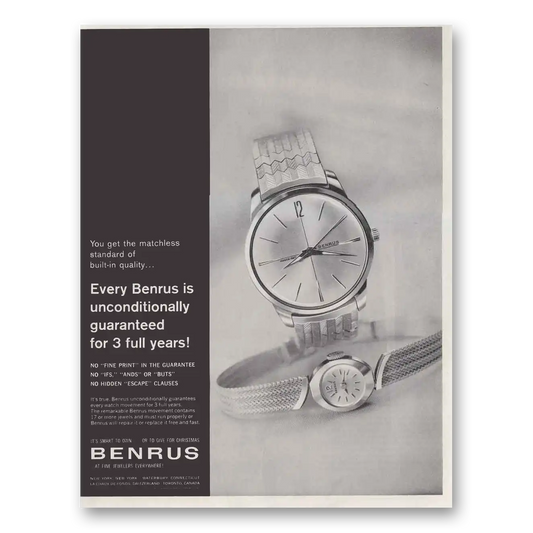 1961 Benrus Watches Unconditionally Guaranteed Vintage Magazine Print Ad