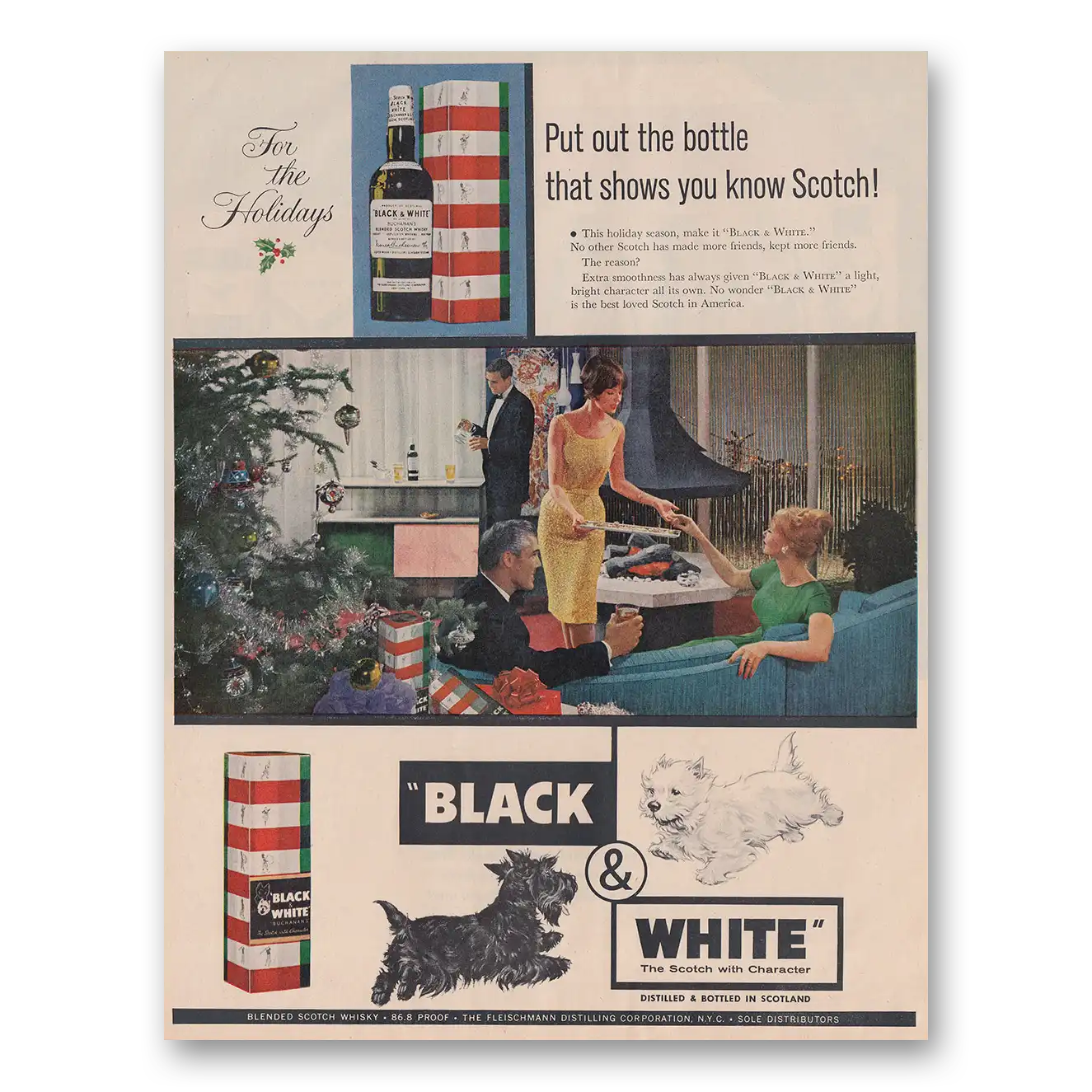 1961 Black and White Scotch Put Out the Bottle Holidays Vintage Magazine Print Ad