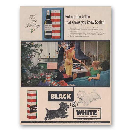 1961 Black and White Scotch Put Out the Bottle Holidays Vintage Magazine Print Ad