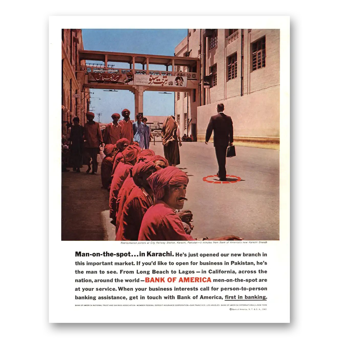 1961 Bank of America Man On the Spot Karachi Vintage Magazine Print Ad