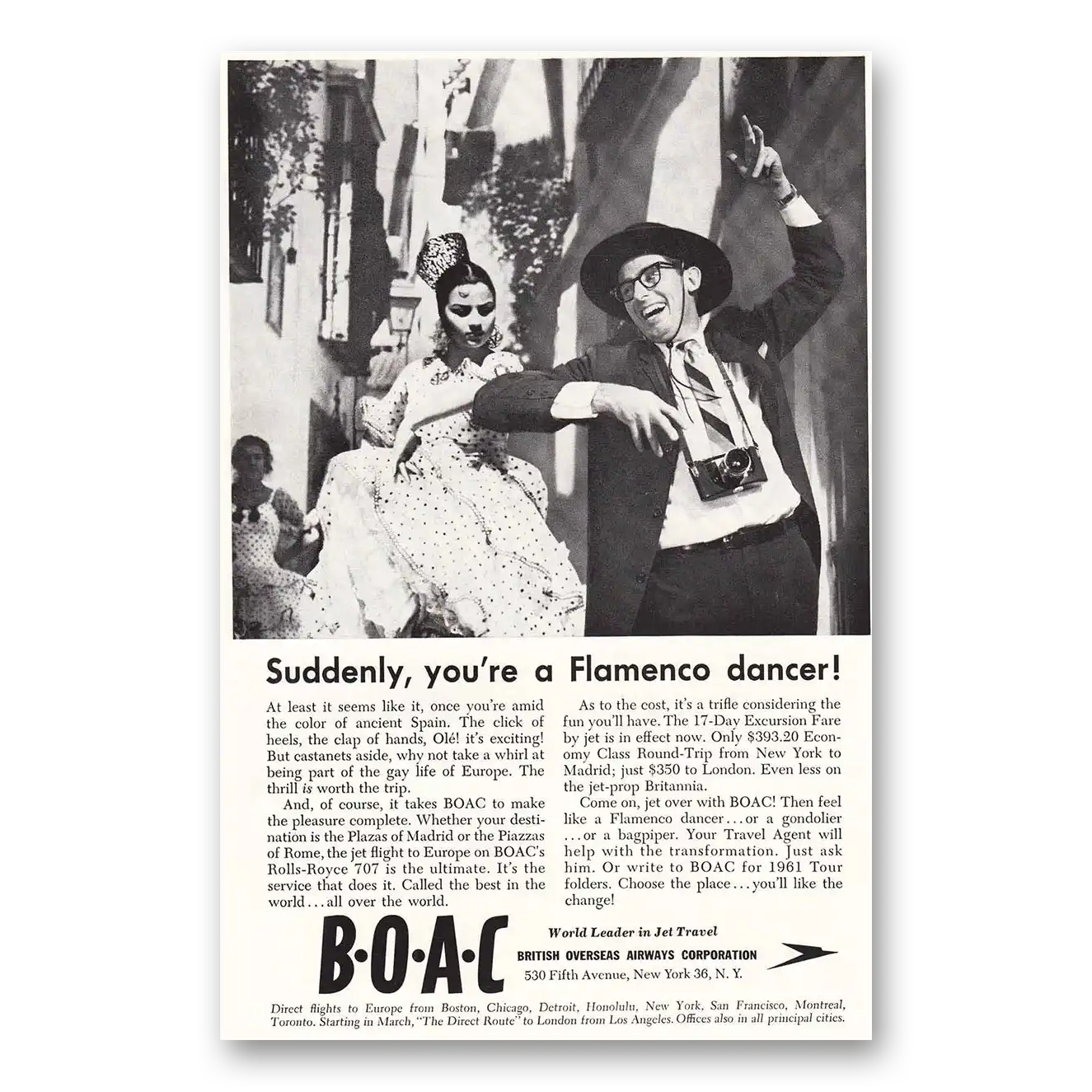 1961 British Airways BOAC Suddenly You're a Flamenco Dancer Vintage Magazine Print Ad