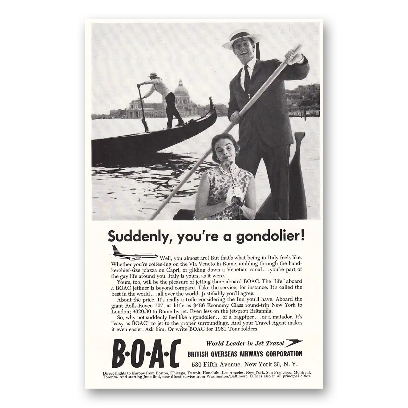 1961 British Airways BOAC Suddenly You're a Gondolier Vintage Magazine Print Ad